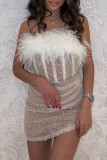 White Sexy Solid Sequins Patchwork Feathers With Belt Strapless Pencil Skirt Dresses