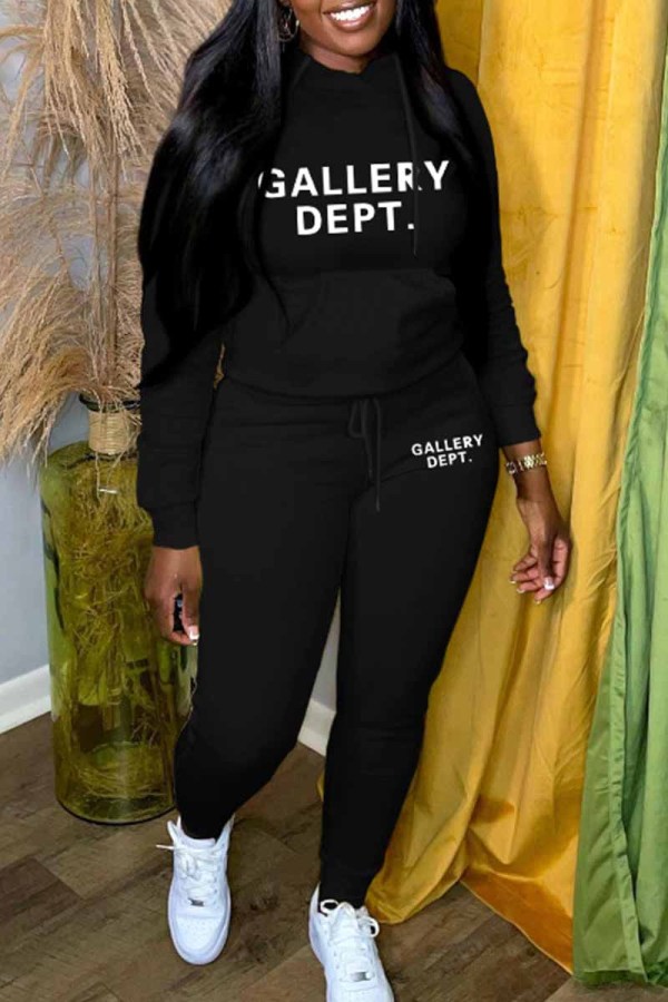 Black Casual Print Letter Hooded Collar Long Sleeve Two Pieces