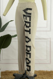 Deep Blue Casual Letter Print Basic Regular High Waist Pencil Trousers