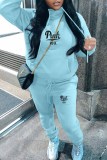 Gray Blue Casual Print Letter Hooded Collar Long Sleeve Two Pieces
