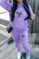 Purple Casual Print Letter Hooded Collar Long Sleeve Two Pieces