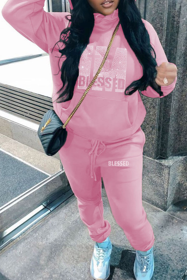 Pink Casual Print Hot Drill Hooded Collar Plus Size Two Pieces