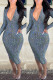 Blue Casual Print Basic V Neck Long Sleeve Dresses