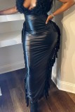 Black Casual Solid Tassel Patchwork Slit Skinny High Waist Conventional Solid Color Skirt
