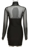 Black Sexy Solid Patchwork See-through Turtleneck Long Sleeve Dresses