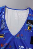 Blue Casual Print Patchwork V Neck Long Sleeve Two Pieces