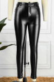 Black Casual Solid Patchwork Pocket High Waist Pencil Solid Color Bottoms