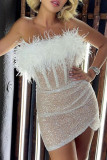 White Sexy Solid Sequins Patchwork Feathers With Belt Strapless Pencil Skirt Dresses