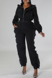 Rose Red Casual Solid Patchwork Zipper Collar Long Sleeve Two Pieces