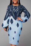 Blue Casual Print Patchwork O Neck Long Sleeve Dresses