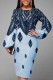 Blue Casual Print Patchwork O Neck Long Sleeve Dresses