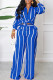 Blue Casual Striped Print Basic Turndown Collar Long Sleeve Two Pieces