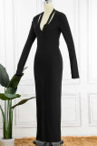 Black Sexy Solid Patchwork Asymmetrical Collar One Step Skirt Dresses