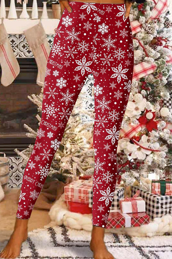 Red Casual Print Patchwork Skinny High Waist Pencil Full Print Bottoms