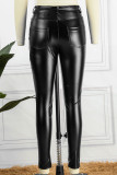 Black Casual Solid Patchwork Pocket High Waist Pencil Solid Color Bottoms