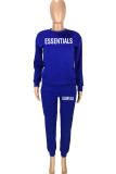 Royal Blue Casual Letter Print Basic O Neck Long Sleeve Two Pieces