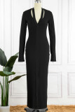Black Sexy Solid Patchwork Asymmetrical Collar One Step Skirt Dresses