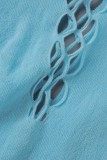 Blue Sexy Solid Ripped Hollowed Out O Neck Skinny Jumpsuits