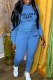 Sky Blue Casual Print Letter Hooded Collar Long Sleeve Two Pieces