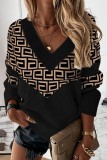 Black Casual Print Patchwork V Neck Tops