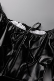 Black Sexy Street Solid Patchwork High Opening Square Collar A Line Dresses