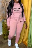 Pink Casual Print Letter Hooded Collar Long Sleeve Two Pieces