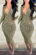 Green Casual Print Basic V Neck Long Sleeve Dresses