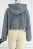 Grey Casual Solid Patchwork Pocket Hooded Collar Tops