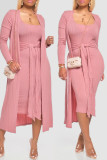 Pink Casual Solid Basic U Neck Long Sleeve Two Pieces