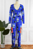 Blue Casual Print Patchwork V Neck Long Sleeve Two Pieces