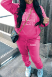 Pink Casual Print Hot Drill Hooded Collar Plus Size Two Pieces