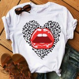 Rose Red Casual Lips Printed Basic O Neck T-Shirts