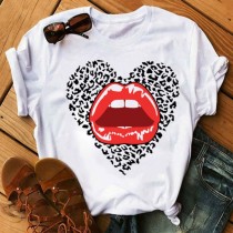 Black Red Casual Lips Printed Basic O Neck T-Shirts