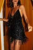 Silver Sexy Solid Tassel Patchwork Spaghetti Strap Sling Dress Dresses