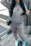 Pink Casual Print Hot Drill Hooded Collar Plus Size Two Pieces