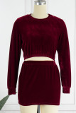 Deep Red Sexy Solid Basic O Neck Long Sleeve Two Pieces