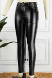Black Casual Solid Patchwork Pocket High Waist Pencil Solid Color Bottoms