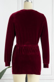 Deep Red Sexy Solid Basic O Neck Long Sleeve Two Pieces
