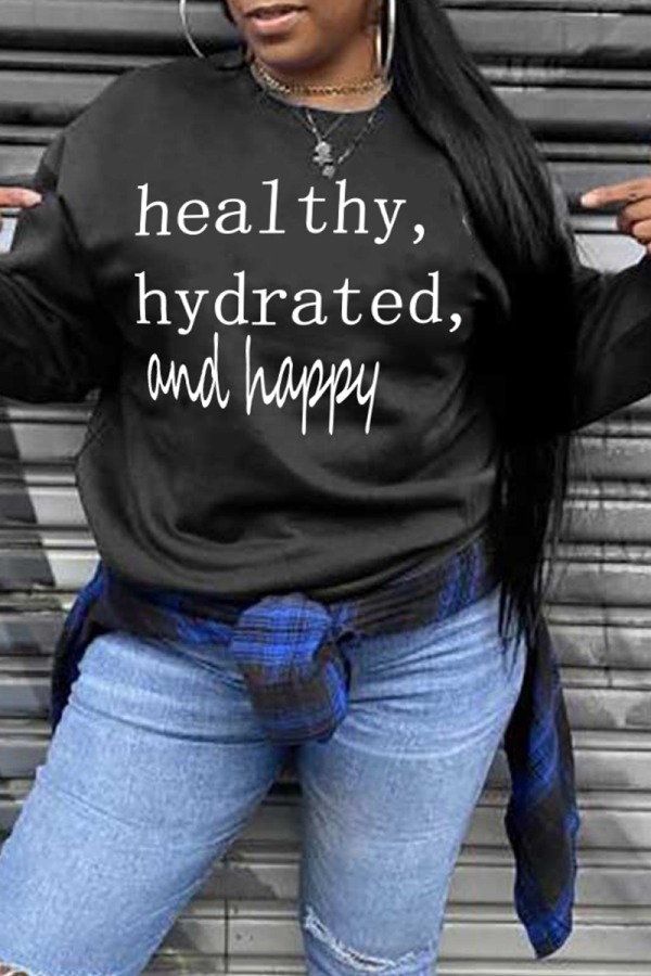 Black Casual Daily Print Letter O Neck Tops