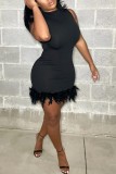 Black Sexy Casual Solid Patchwork Feathers Half A Turtleneck Sleeveless Dress Dresses