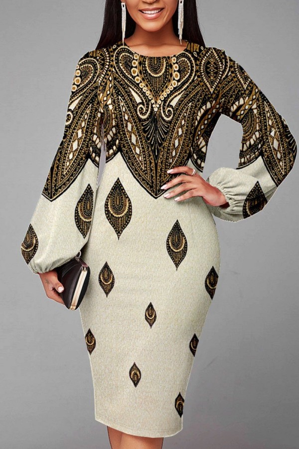 Cream White Casual Print Patchwork O Neck Long Sleeve Dresses