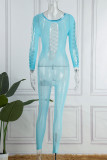 Blue Sexy Solid Ripped Hollowed Out O Neck Skinny Jumpsuits