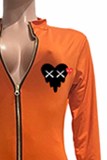 Orange Sexy Print Patchwork Zipper Collar Jumpsuits