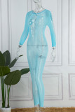 Blue Sexy Solid Ripped Hollowed Out O Neck Skinny Jumpsuits