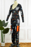 Blue Casual Print Patchwork V Neck Long Sleeve Two Pieces