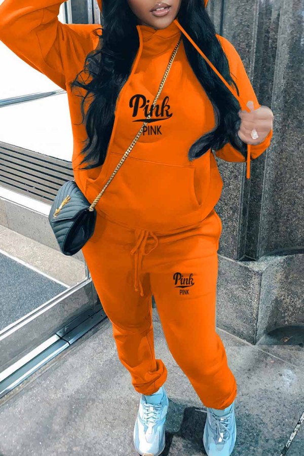Tangerine Red Casual Print Letter Hooded Collar Long Sleeve Two Pieces