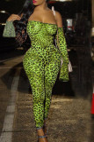 Green Sexy Print Patchwork Off the Shoulder Skinny Jumpsuits