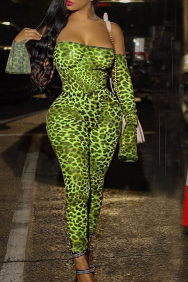 Green Sexy Print Patchwork Off the Shoulder Skinny Jumpsuits
