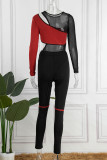 Red Sexy Casual Patchwork See-through Contrast O Neck Long Sleeve Two Pieces