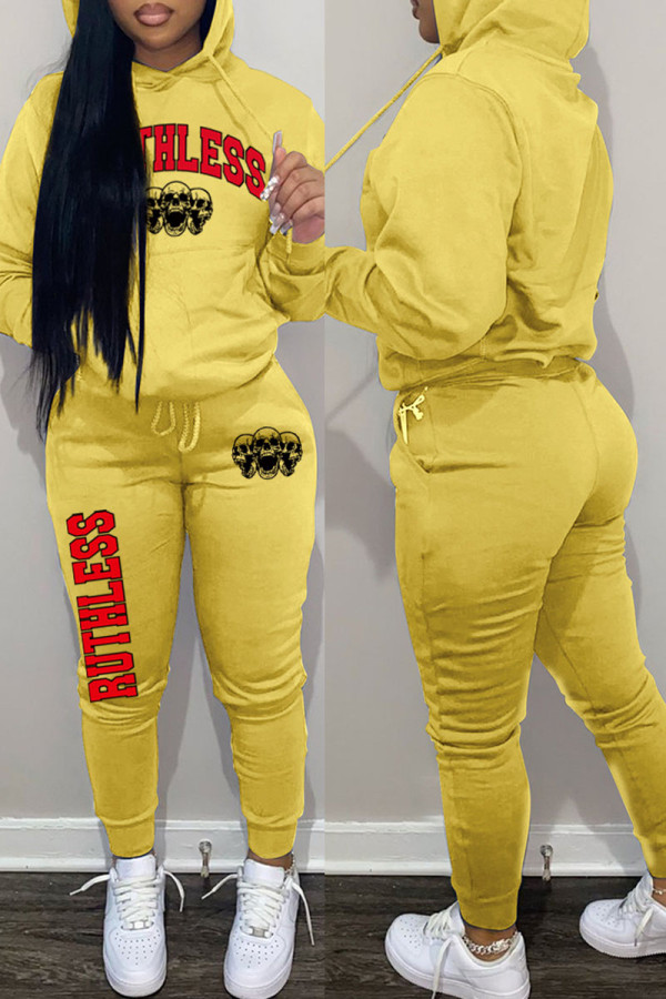 Yellow Casual Print Patchwork Hooded Collar Long Sleeve Two Pieces
